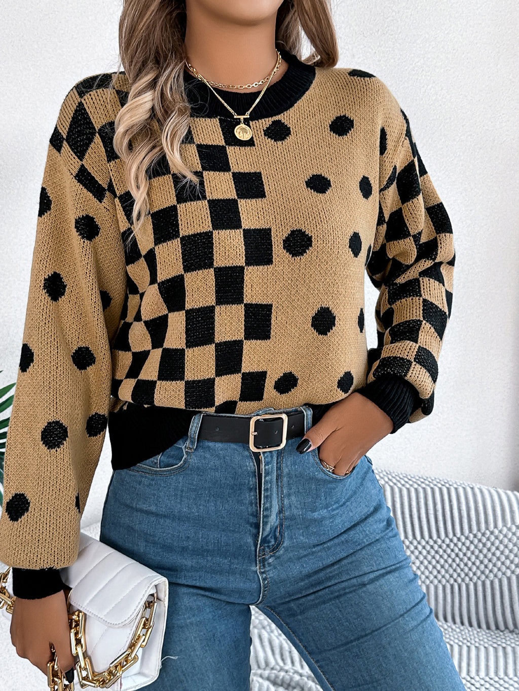 Checkerboard Polka Dot Balloon Sleeve Sweater