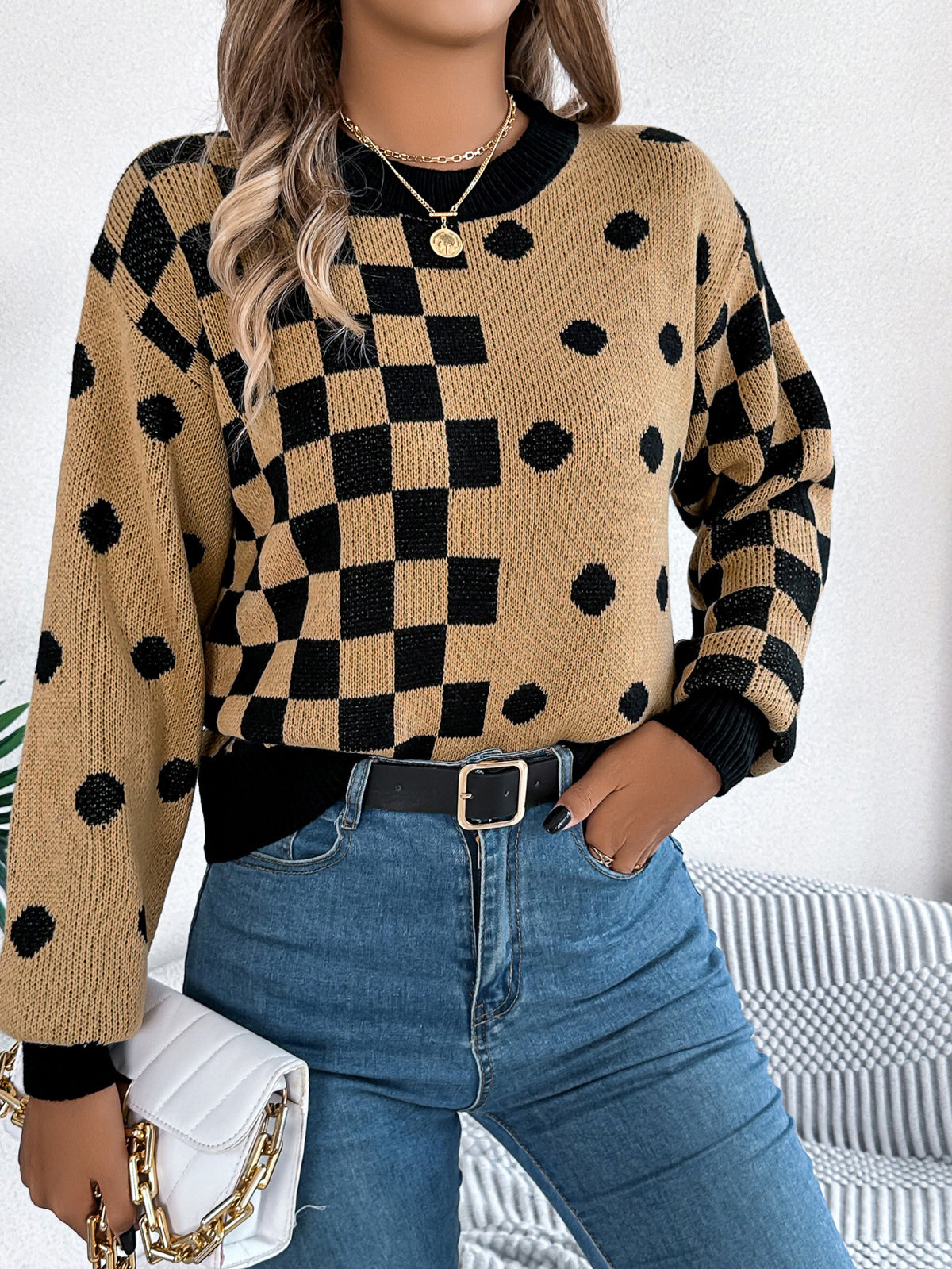 Checkerboard Polka Dot Balloon Sleeve Sweater