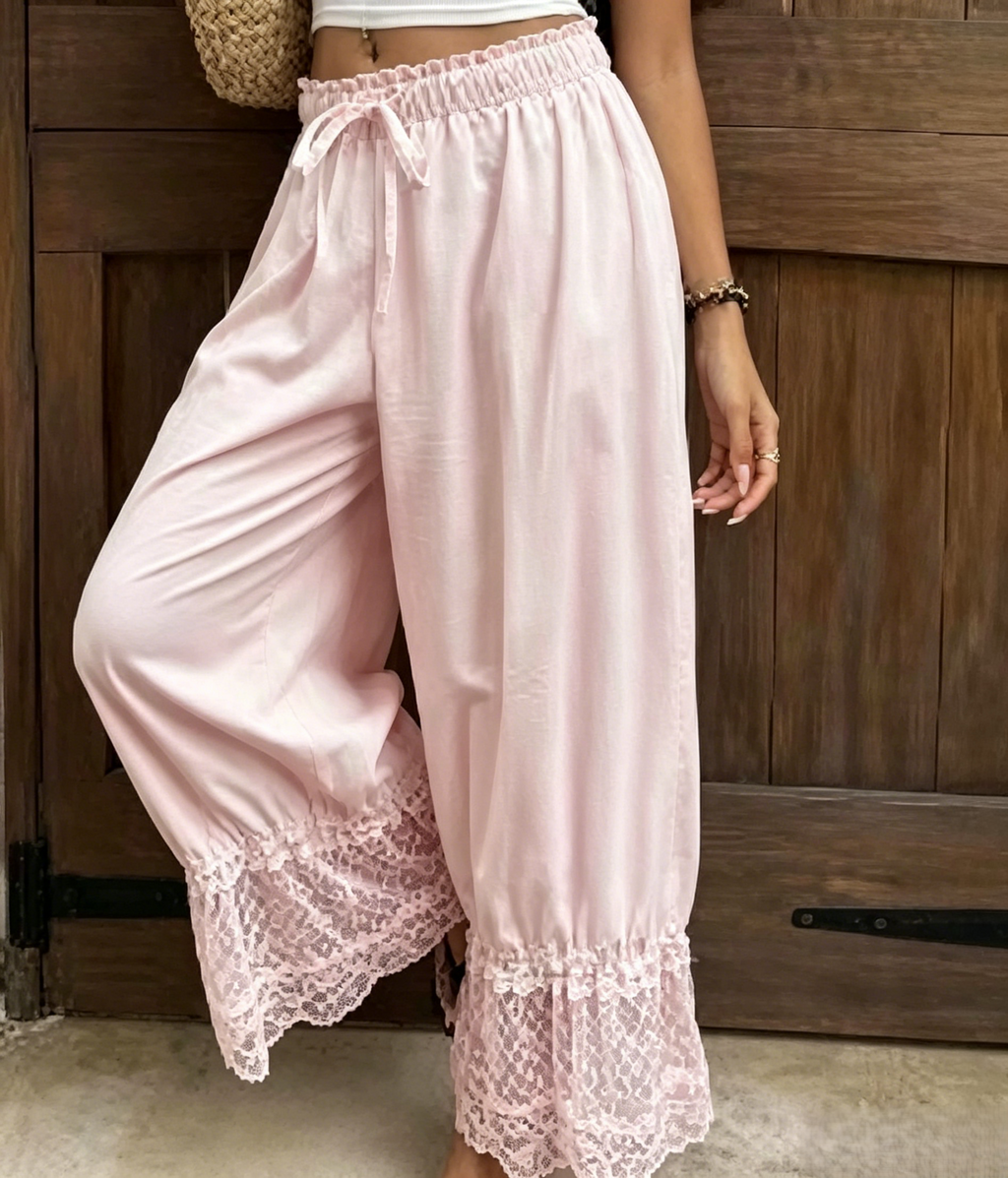 Lace Hem Wide Leg Boho Palazzo Pants - Pink