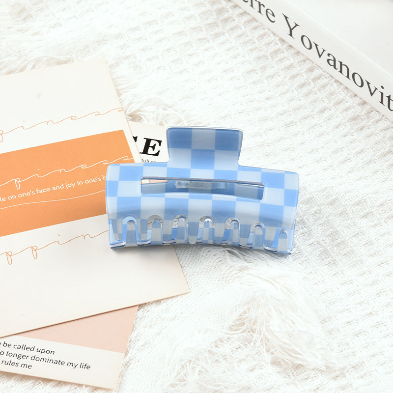 Hollow Rectangle Checkered Hair Claw Clip - Blue