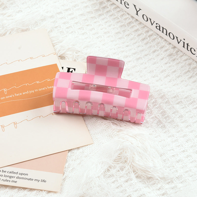 Hollow Rectangle Checkered Hair Claw Clip - Pink