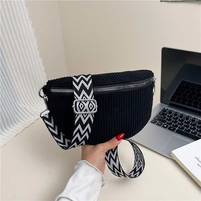 Corduroy Sling Belt Bag with Woven Strap - Black