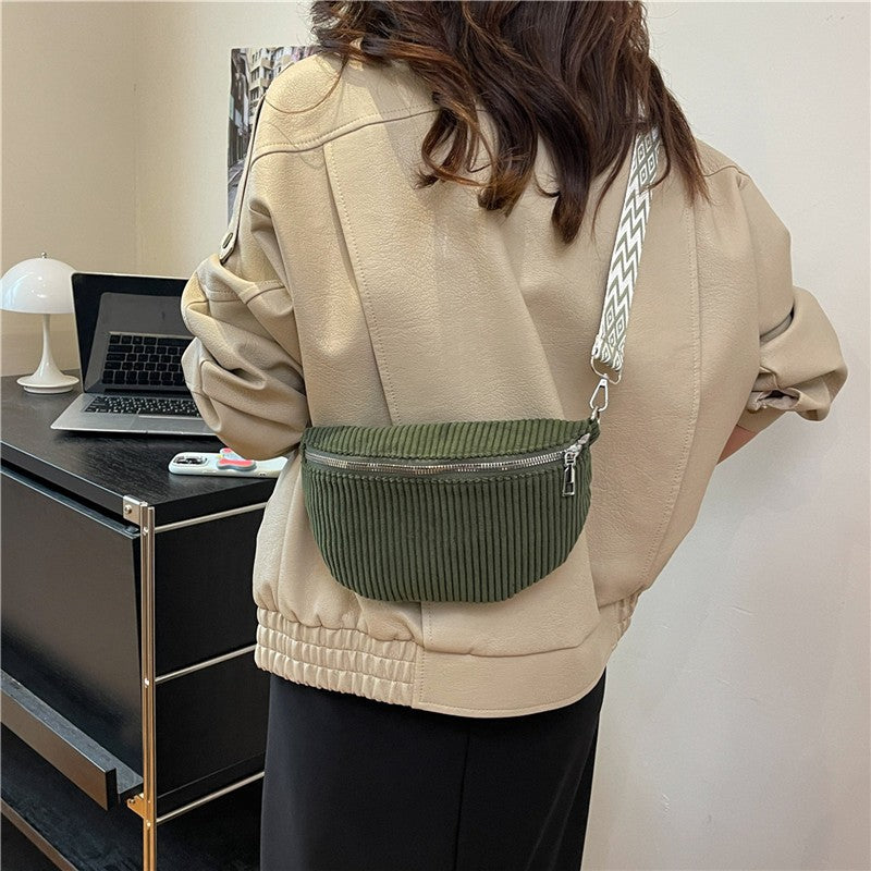 Corduroy Sling Belt Bag with Woven Strap