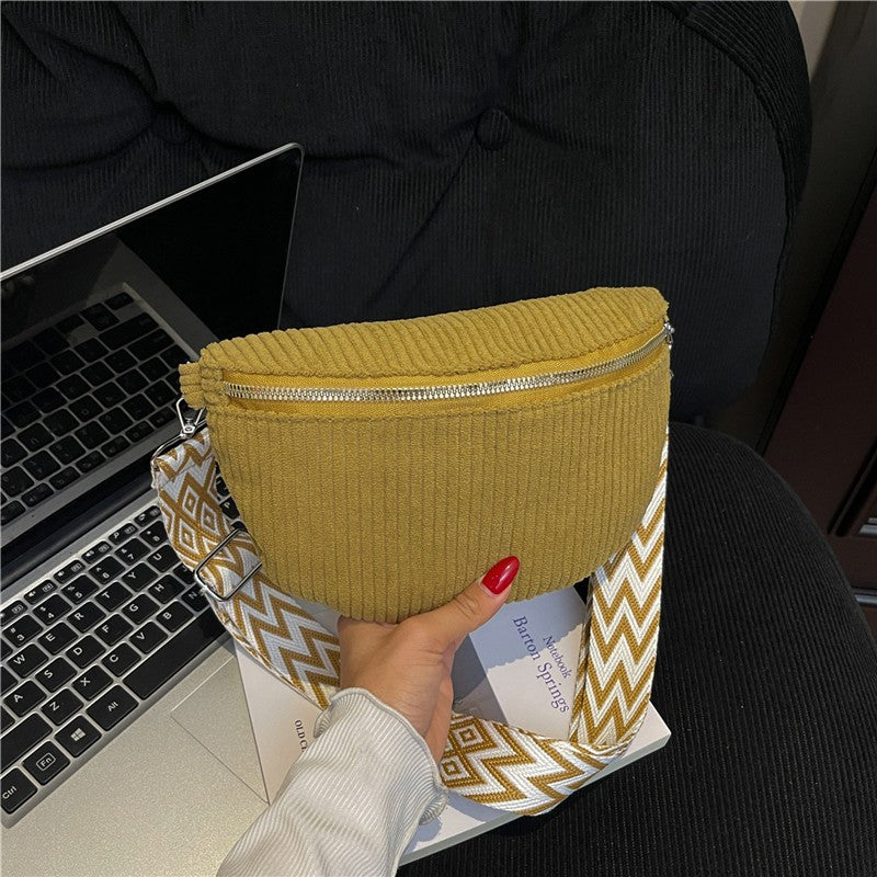 Corduroy Sling Belt Bag with Woven Strap