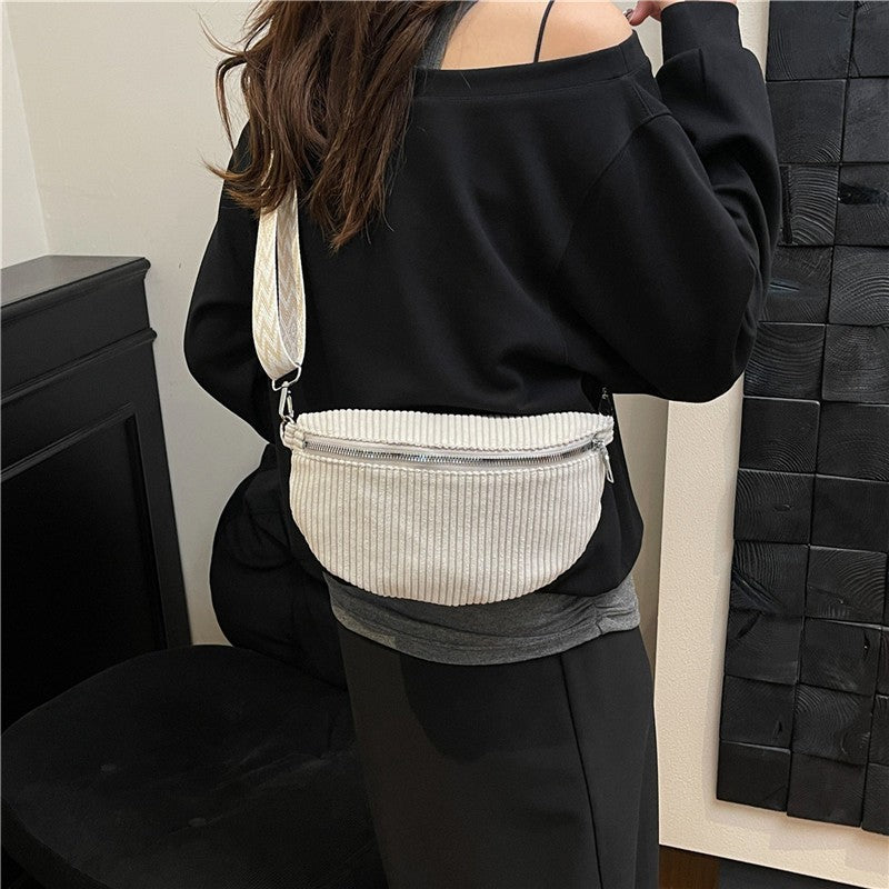 Corduroy Sling Belt Bag with Woven Strap