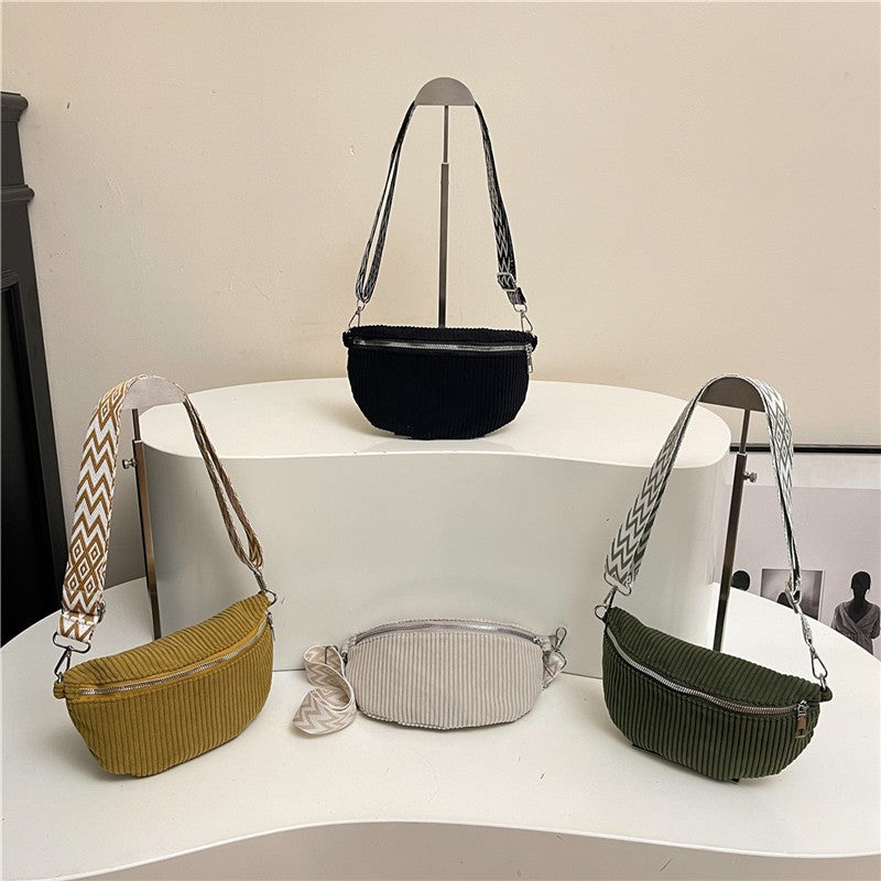 Corduroy Sling Belt Bag with Woven Strap