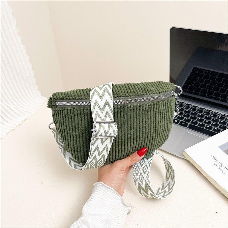 Corduroy Sling Belt Bag with Woven Strap