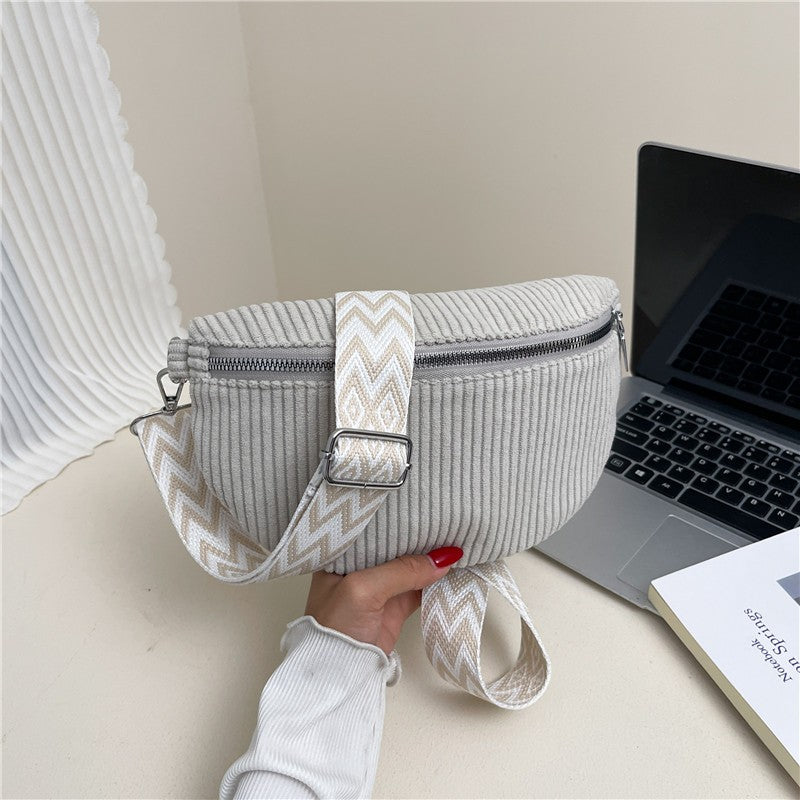 Corduroy Sling Belt Bag with Woven Strap