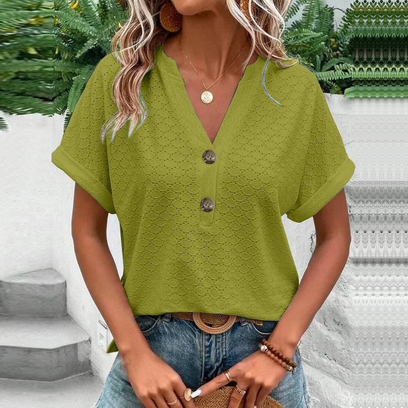 Textured Button V-Neck Short Sleeve Top - Matcha