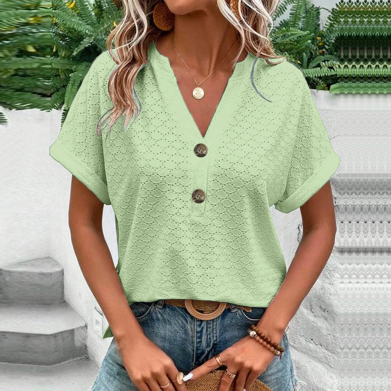 Textured Button V-Neck Short Sleeve Top - Mint