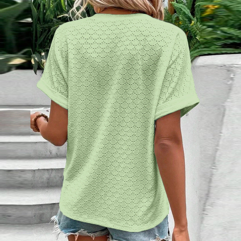 Textured Button V-Neck Short Sleeve Top - Mint - 1