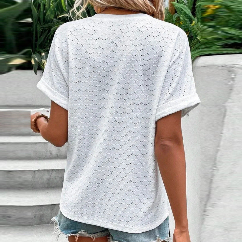 Textured Button V-Neck Short Sleeve Top - White - 2