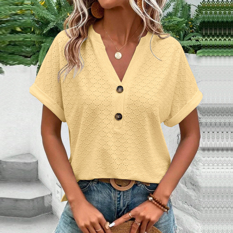 Textured Button V-Neck Short Sleeve Top - Yellow