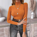 Slim Rib Knit Roll Neck Long Sleeve Top - Orange