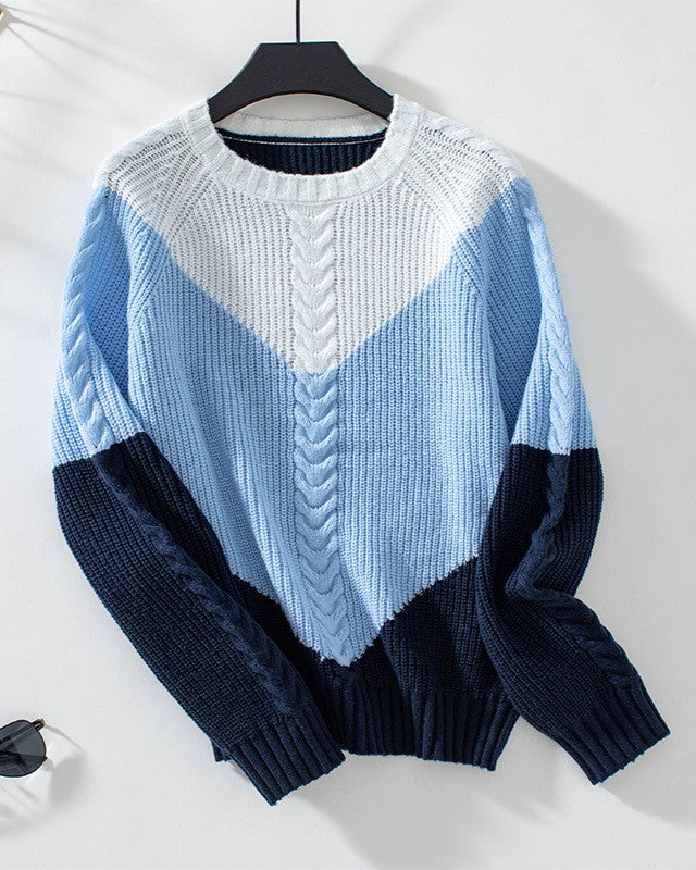 Chevron Color Block Cable Knit Pullover - Blue