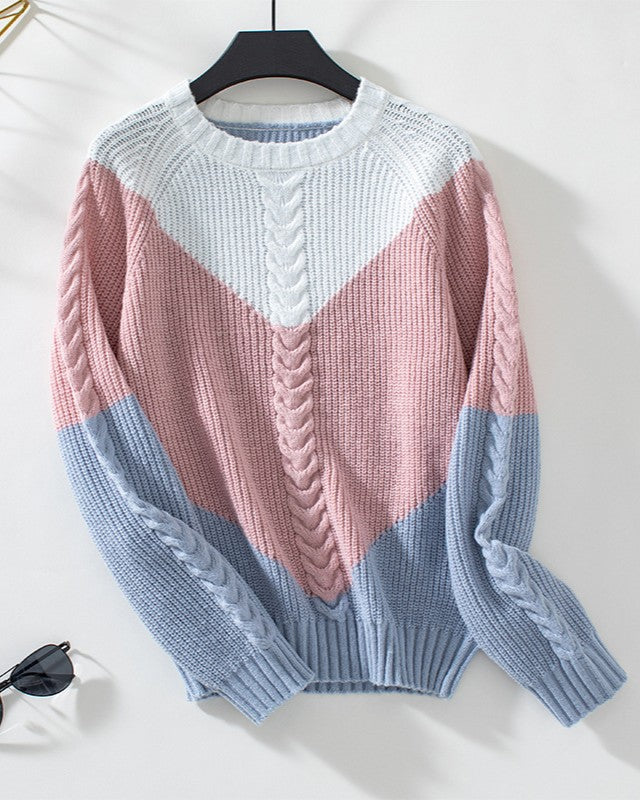 Chevron Color Block Cable Knit Pullover - Pink - 1