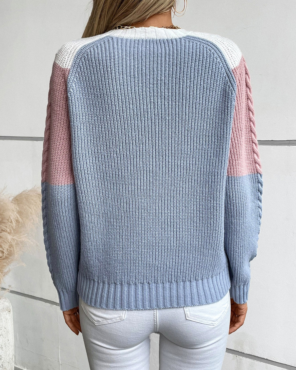Chevron Color Block Cable Knit Pullover - Pink - 2