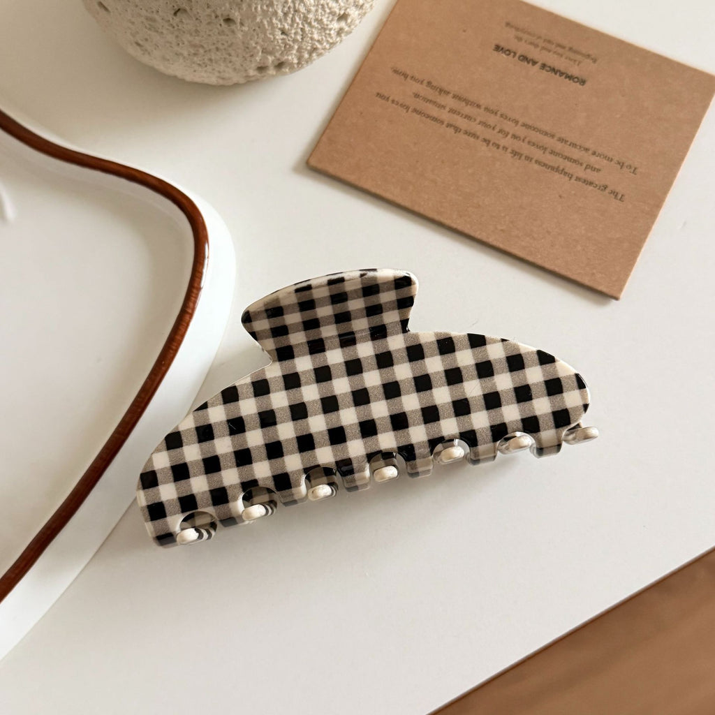 Gingham Check Hair Claw Clip with Scalloped Teeth - Black