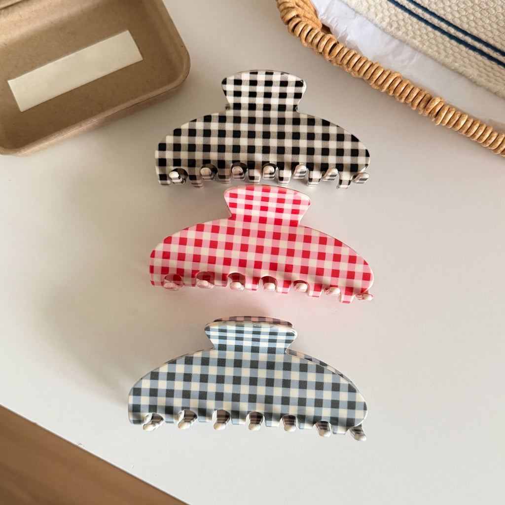 Gingham Check Hair Claw Clip with Scalloped Teeth