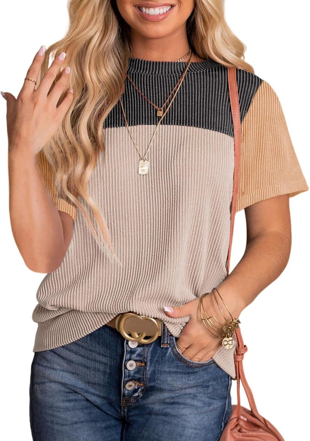 Colorblock Yoke Ribbed Knit Tee - Khaki - 1