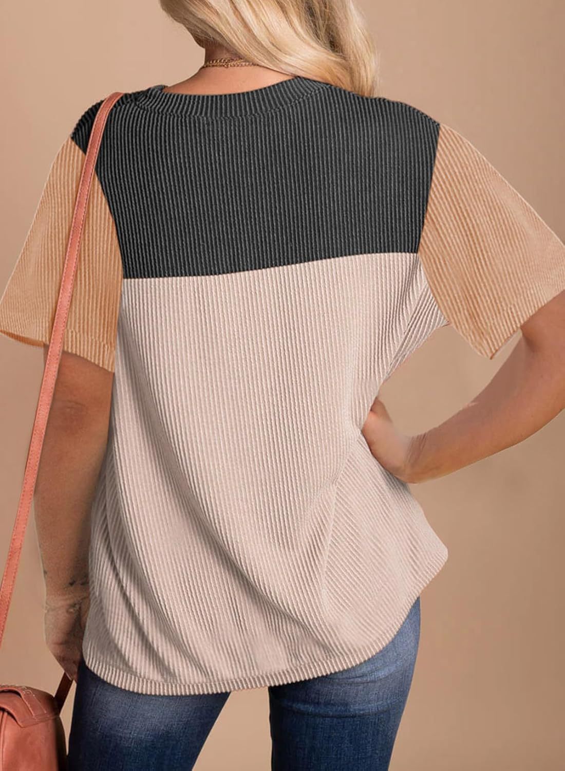 Colorblock Yoke Ribbed Knit Tee - Khaki - 2
