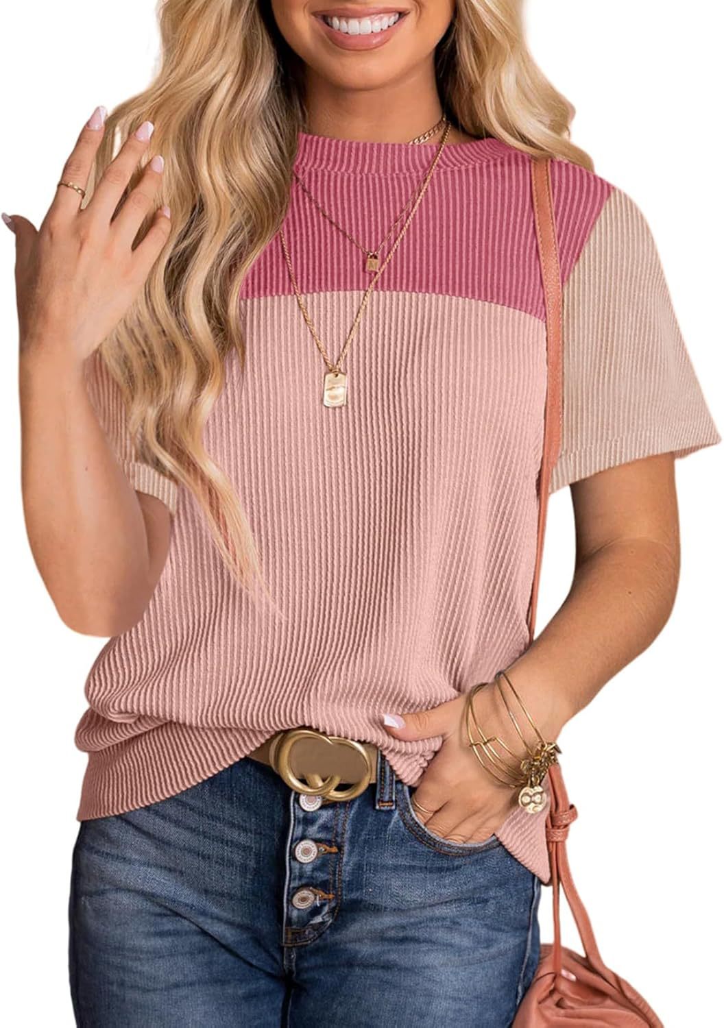 Colorblock Yoke Ribbed Knit Tee - Pink