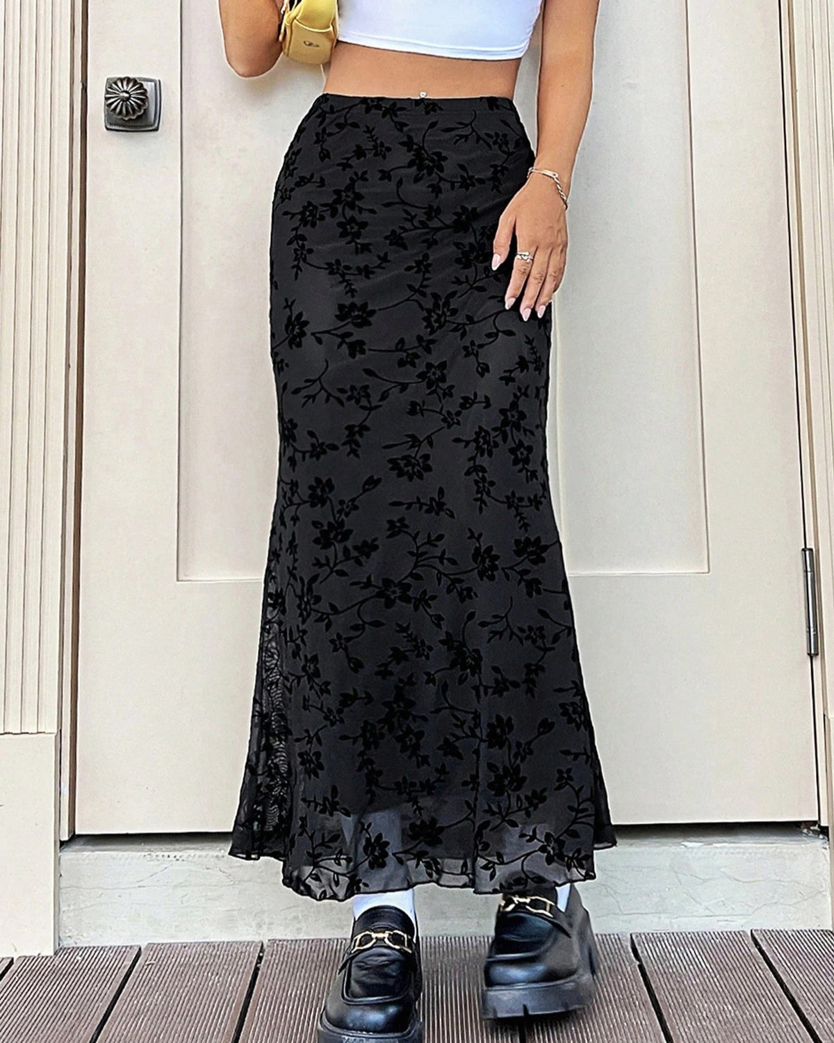 Flocked Floral Mesh Fishtail Maxi Skirt - Black - 1