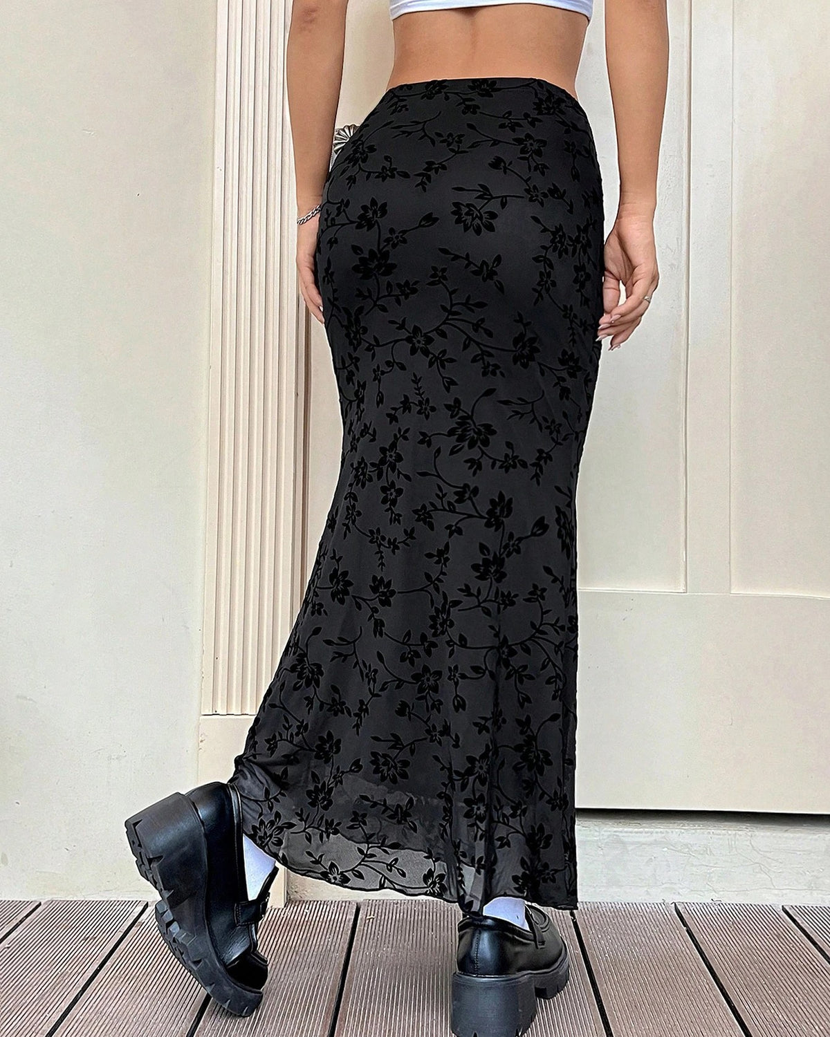 Flocked Floral Mesh Fishtail Maxi Skirt - Black - 2