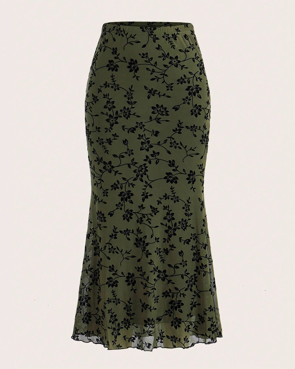 Flocked Floral Mesh Fishtail Maxi Skirt - Green