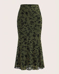 Flocked Floral Mesh Fishtail Maxi Skirt - Green