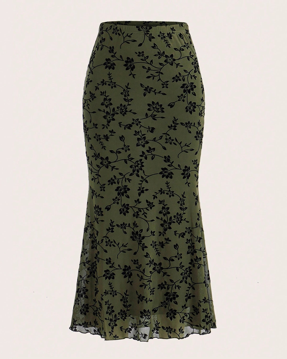 Flocked Floral Mesh Fishtail Maxi Skirt - Green