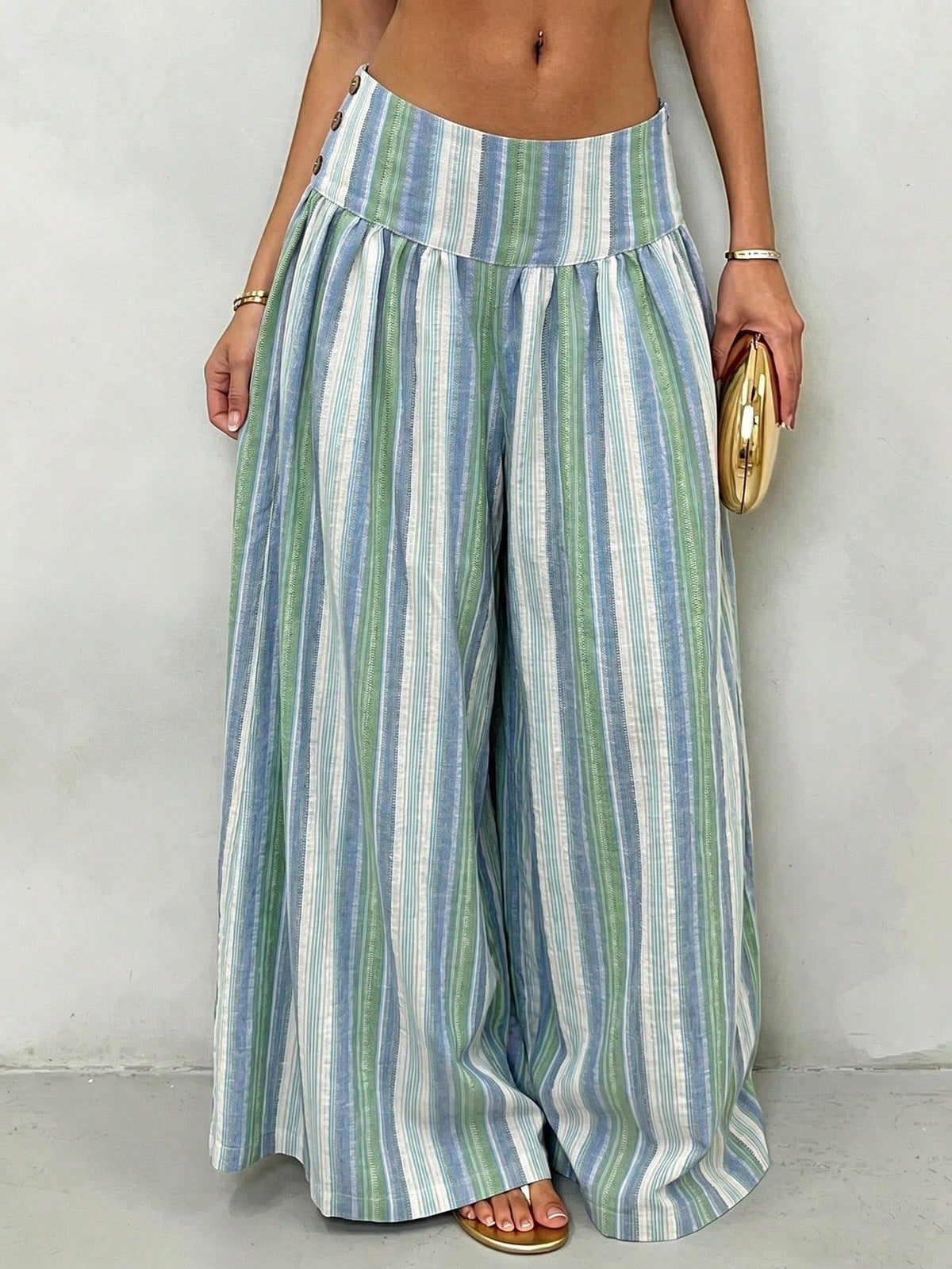 Pleated High Waist Striped Palazzo Trousers - Blue