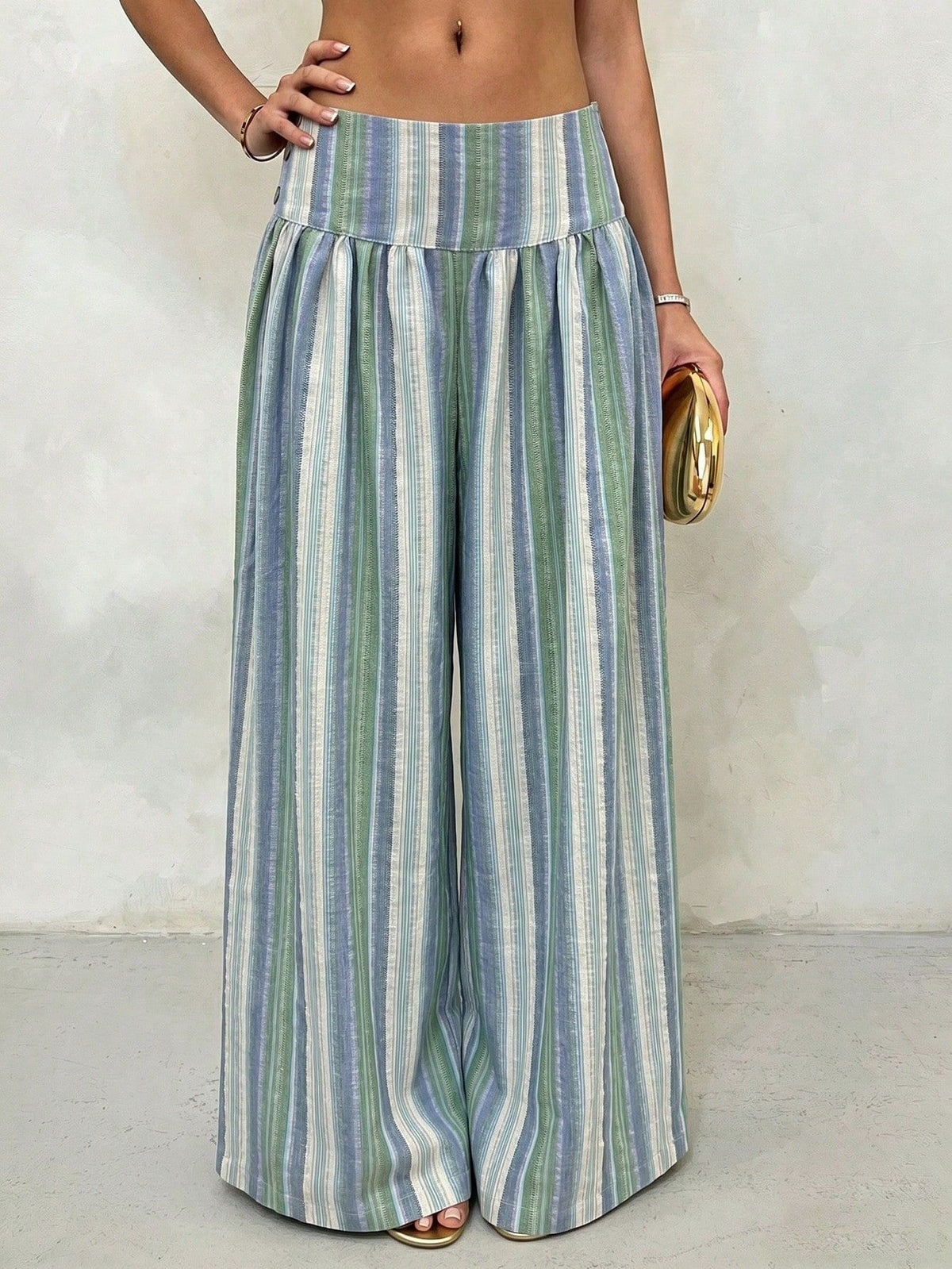 Pleated High Waist Striped Palazzo Trousers - Blue - 2