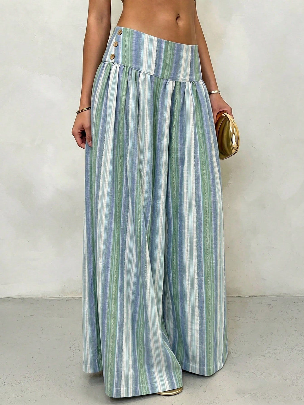 Pleated High Waist Striped Palazzo Trousers - Blue - 3