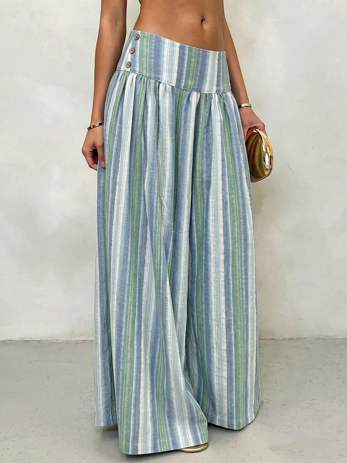 Pleated High Waist Striped Palazzo Trousers - Blue - 3