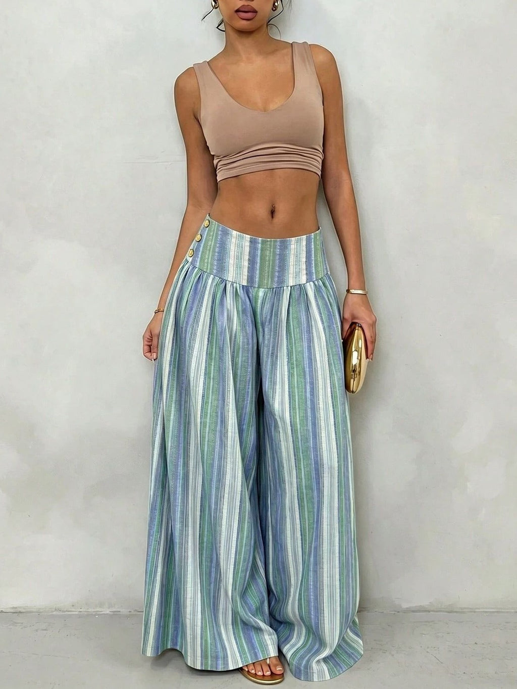 Pleated High Waist Striped Palazzo Trousers - Blue - 4