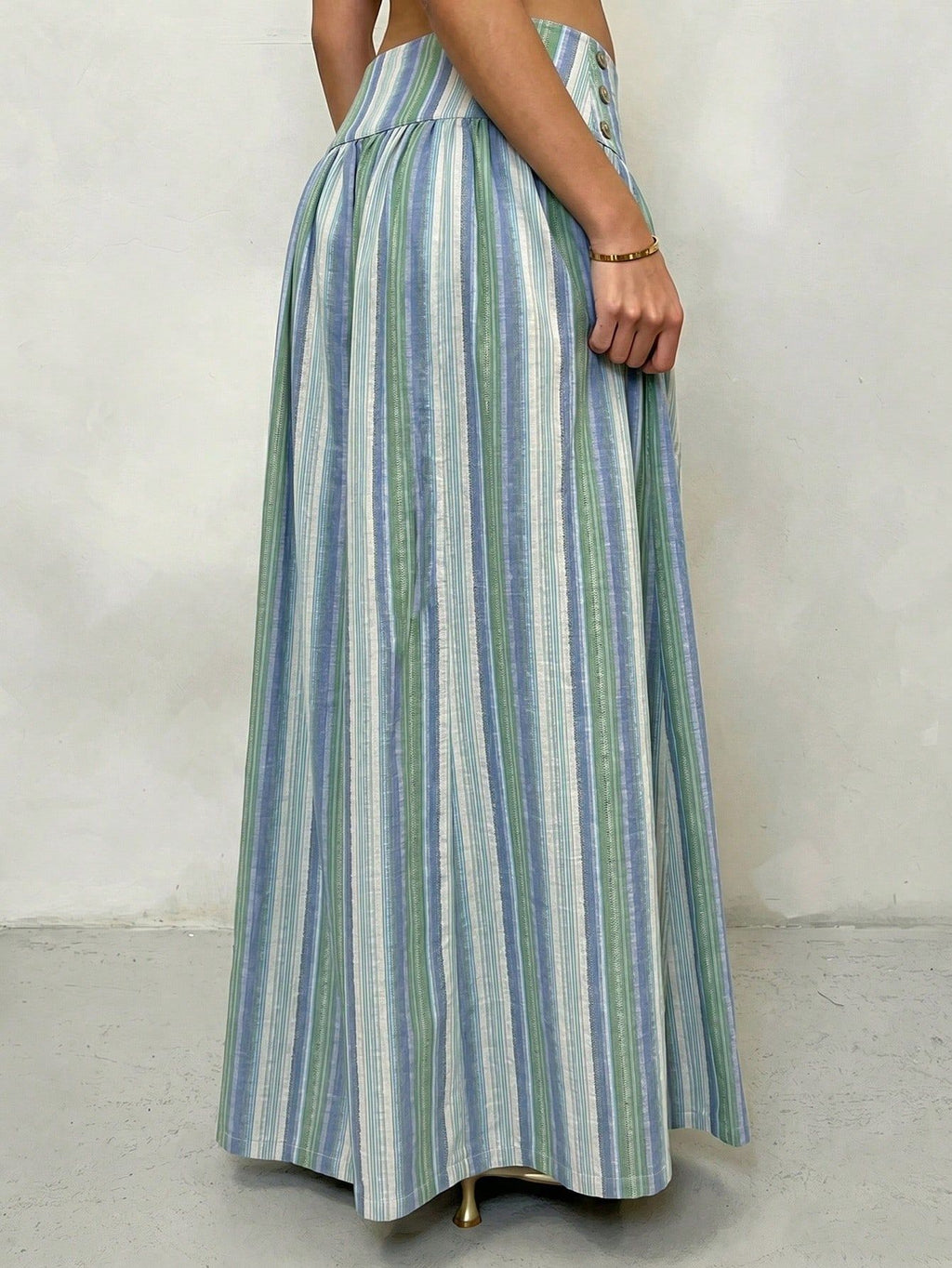Pleated High Waist Striped Palazzo Trousers - Blue - 5