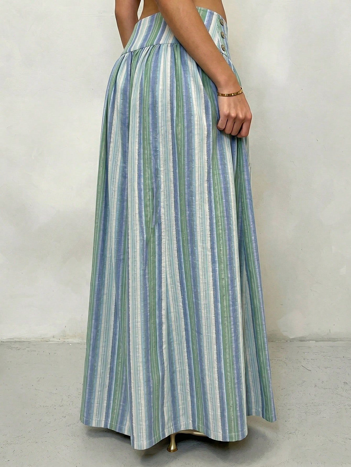 Pleated High Waist Striped Palazzo Trousers - Blue - 5