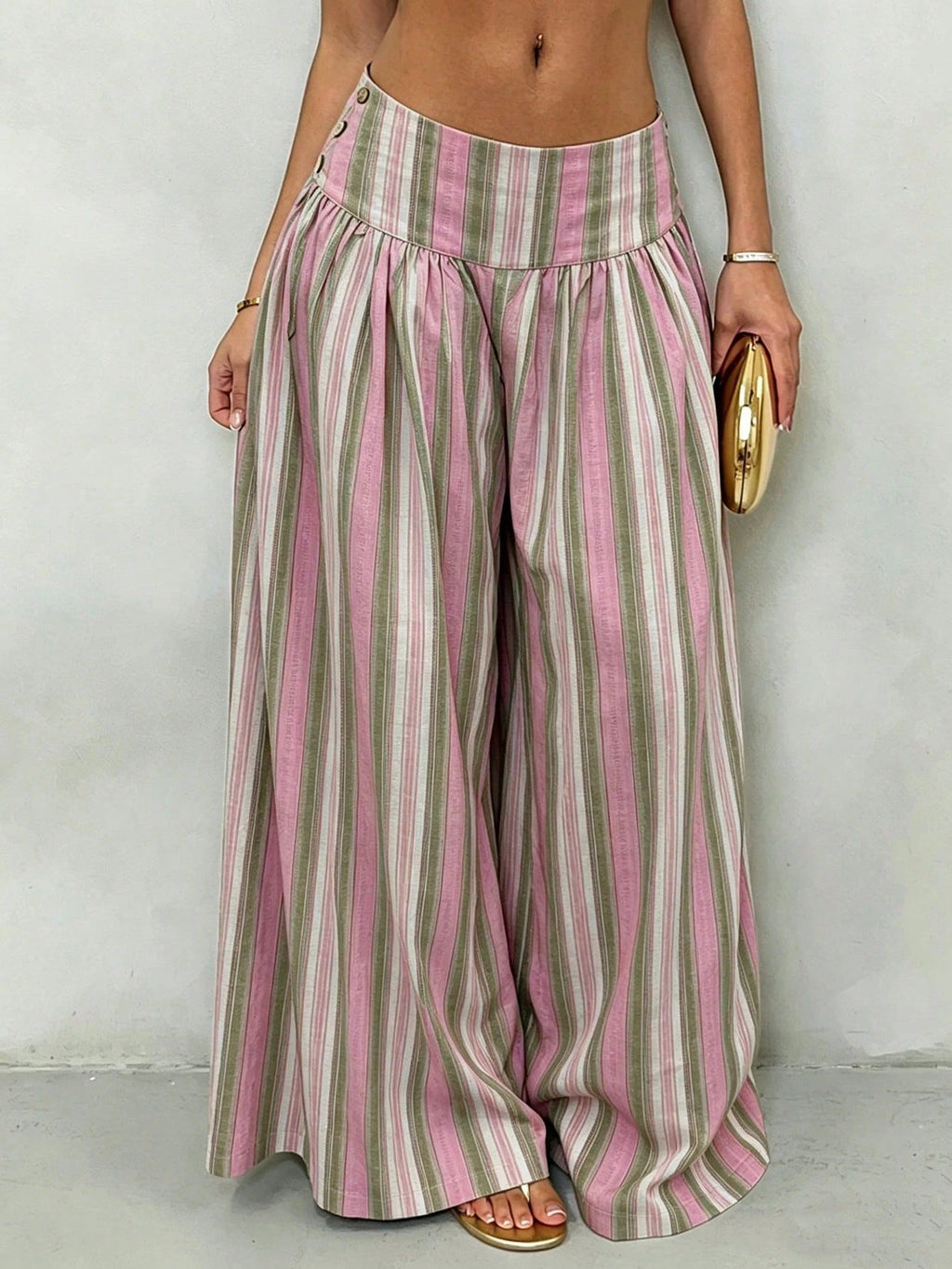 Pleated High Waist Striped Palazzo Trousers - PinkGreen - 1