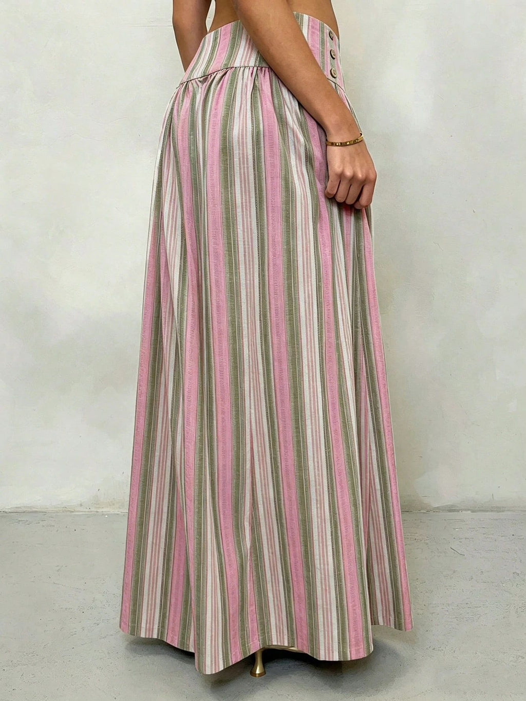 Pleated High Waist Striped Palazzo Trousers - PinkGreen - 2