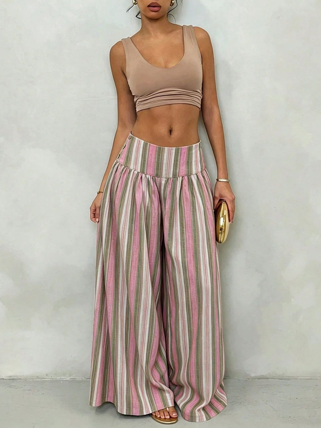 Pleated High Waist Striped Palazzo Trousers - PinkGreen - 3