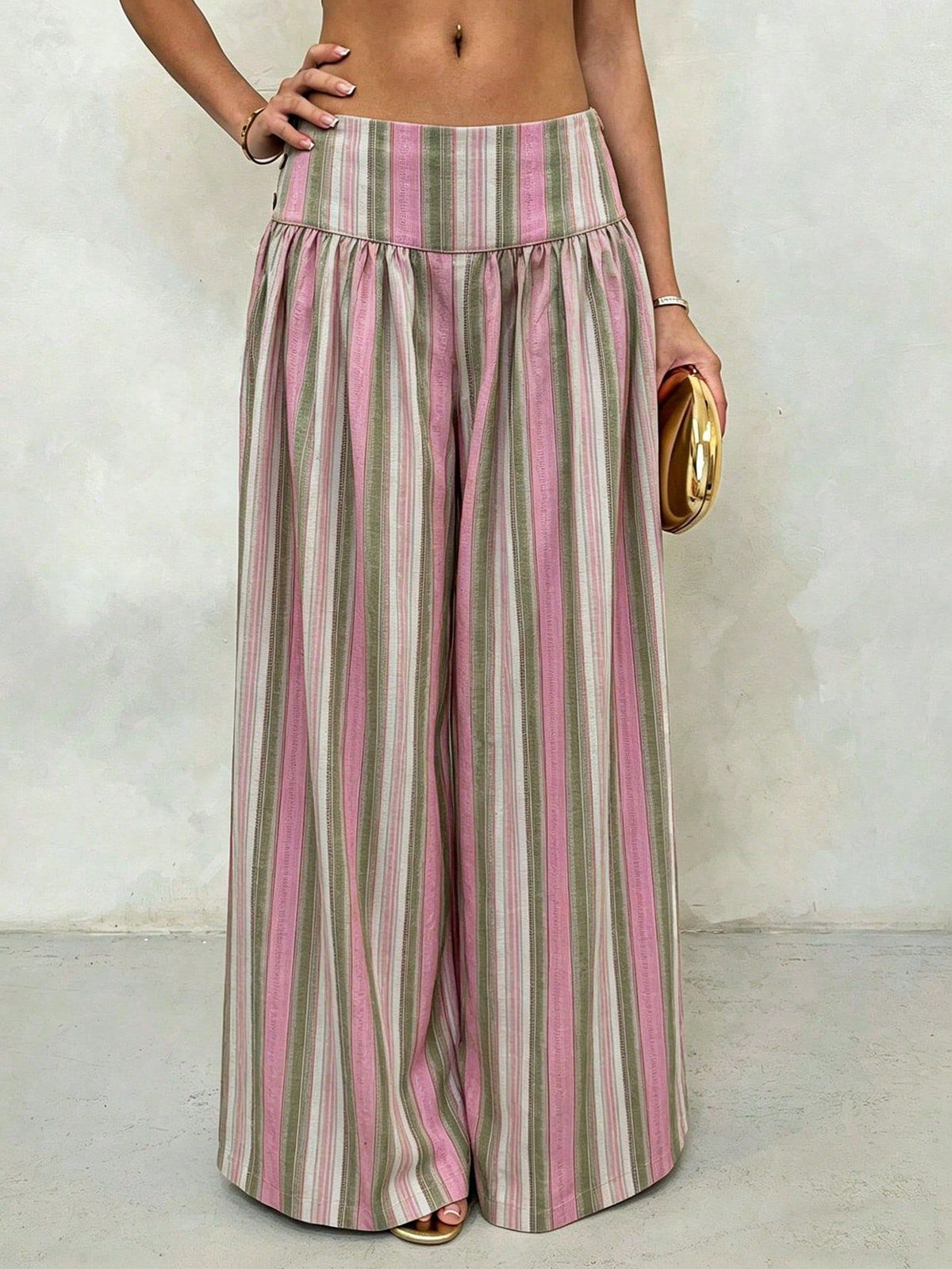 Pleated High Waist Striped Palazzo Trousers - PinkGreen - 4