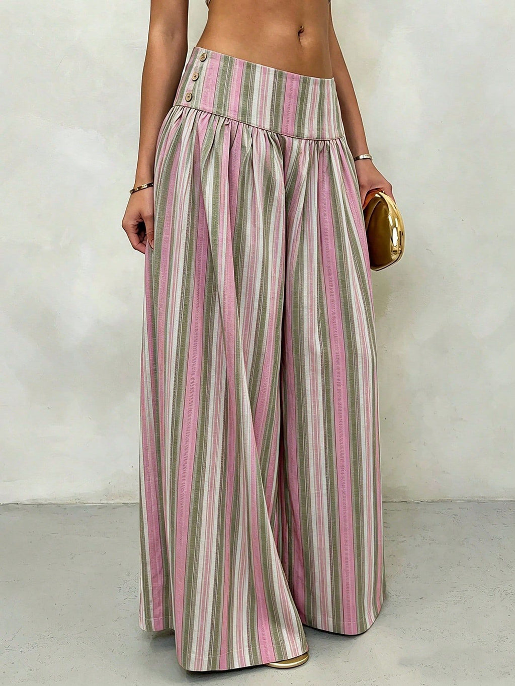 Pleated High Waist Striped Palazzo Trousers - PinkGreen - 5