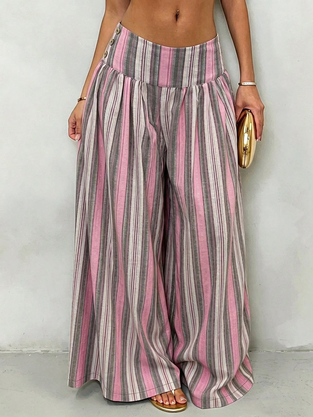 Pleated High Waist Striped Palazzo Trousers - PinkGrey