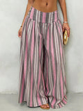 Pleated High Waist Striped Palazzo Trousers - PinkGrey