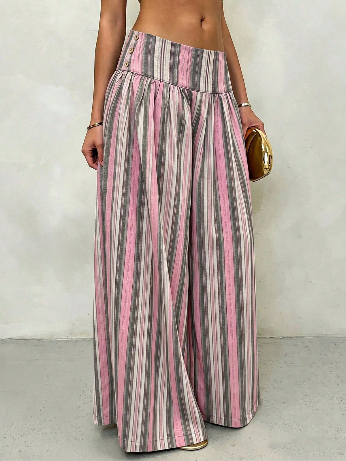 Pleated High Waist Striped Palazzo Trousers - PinkGrey - 2