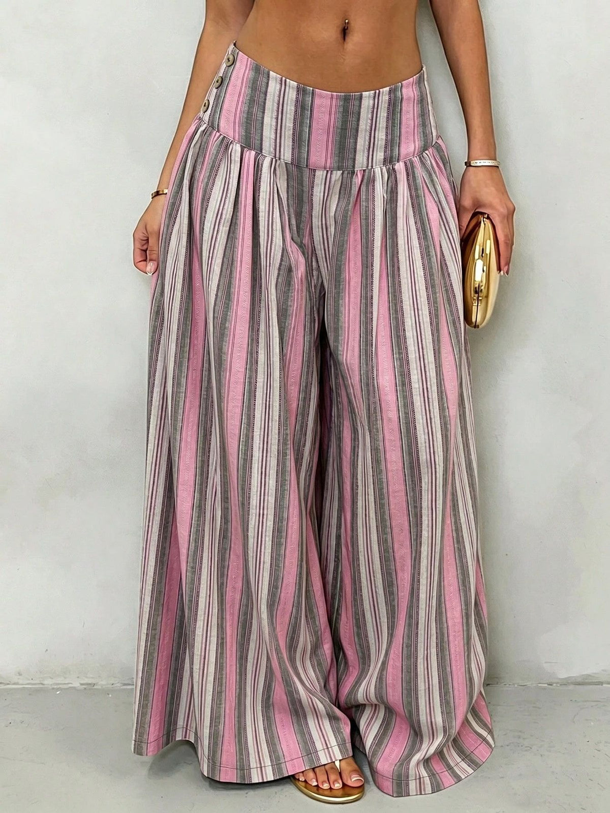Pleated High Waist Striped Palazzo Trousers - PinkGrey - 3
