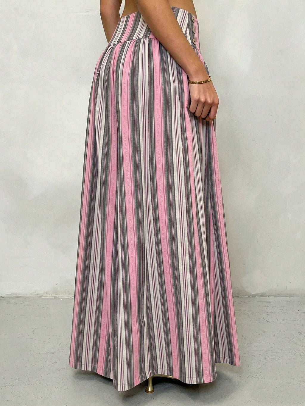 Pleated High Waist Striped Palazzo Trousers - PinkGrey - 4