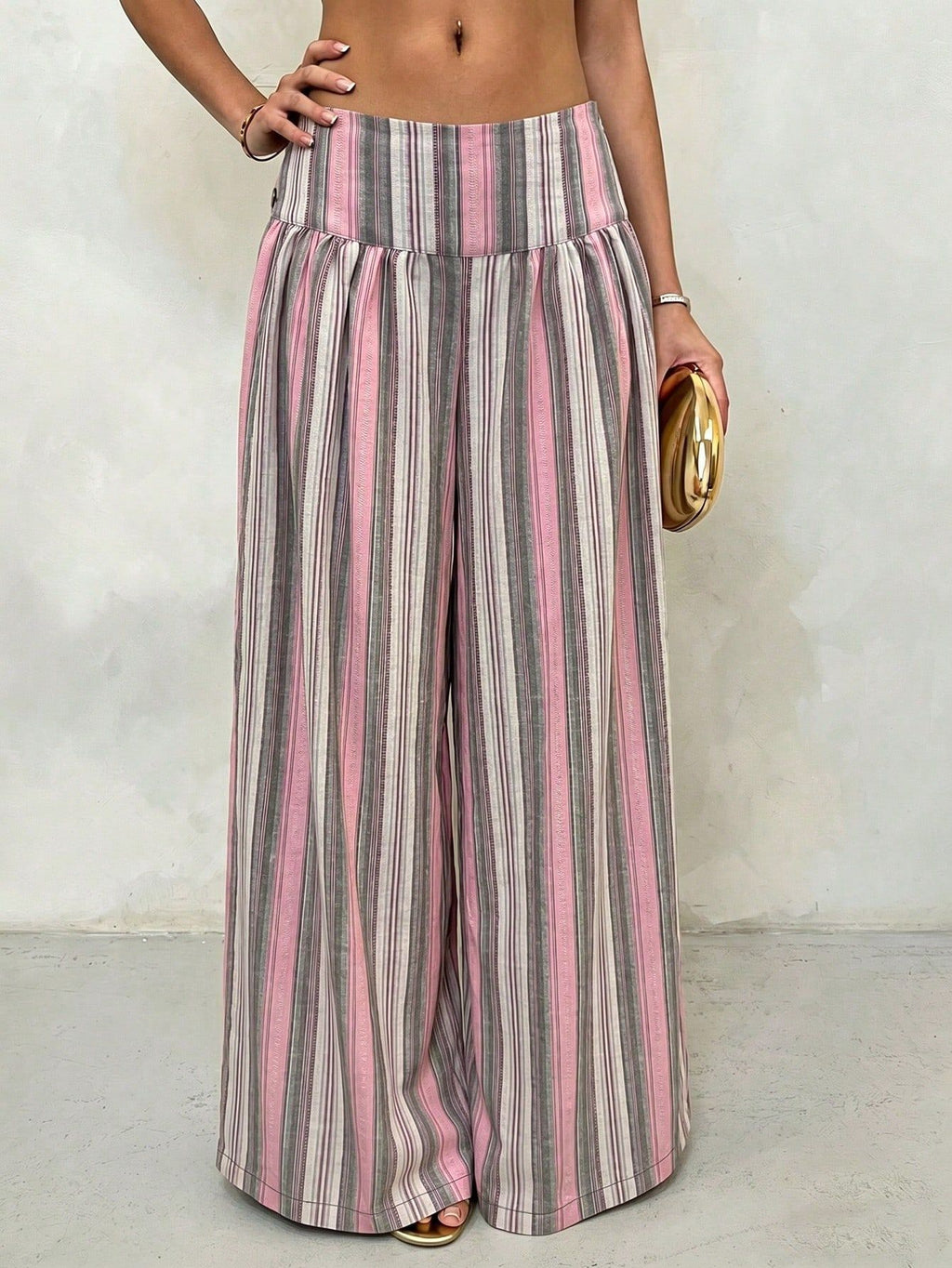 Pleated High Waist Striped Palazzo Trousers - PinkGrey - 5