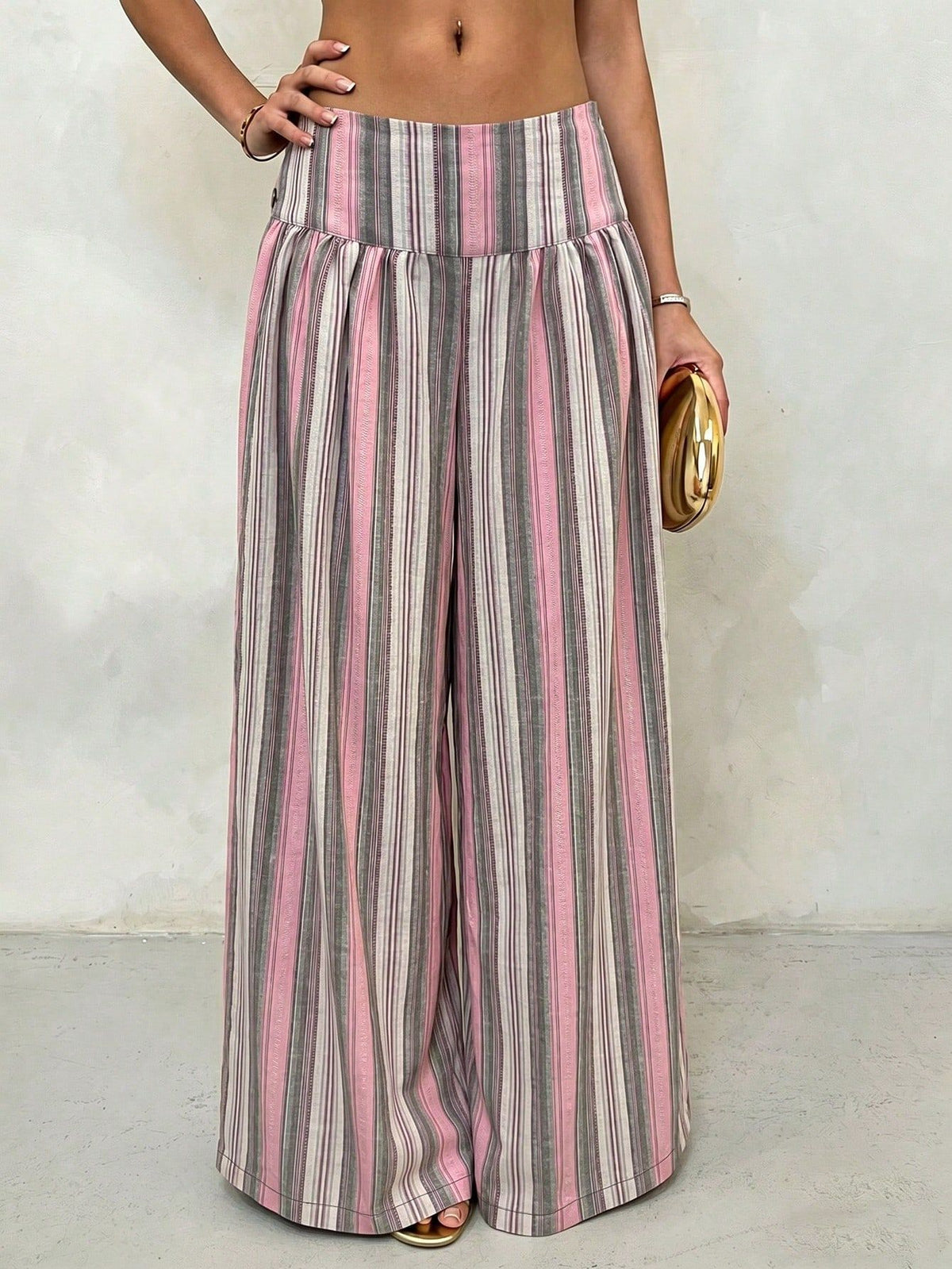 Pleated High Waist Striped Palazzo Trousers - PinkGrey - 5